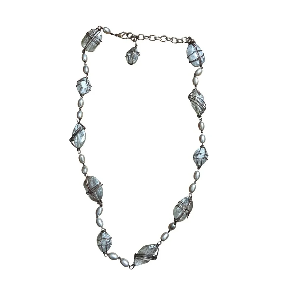 Artisan Wire Wrapped Glass Stone Necklace Bronze Silver Tone Boho Whimsigoth